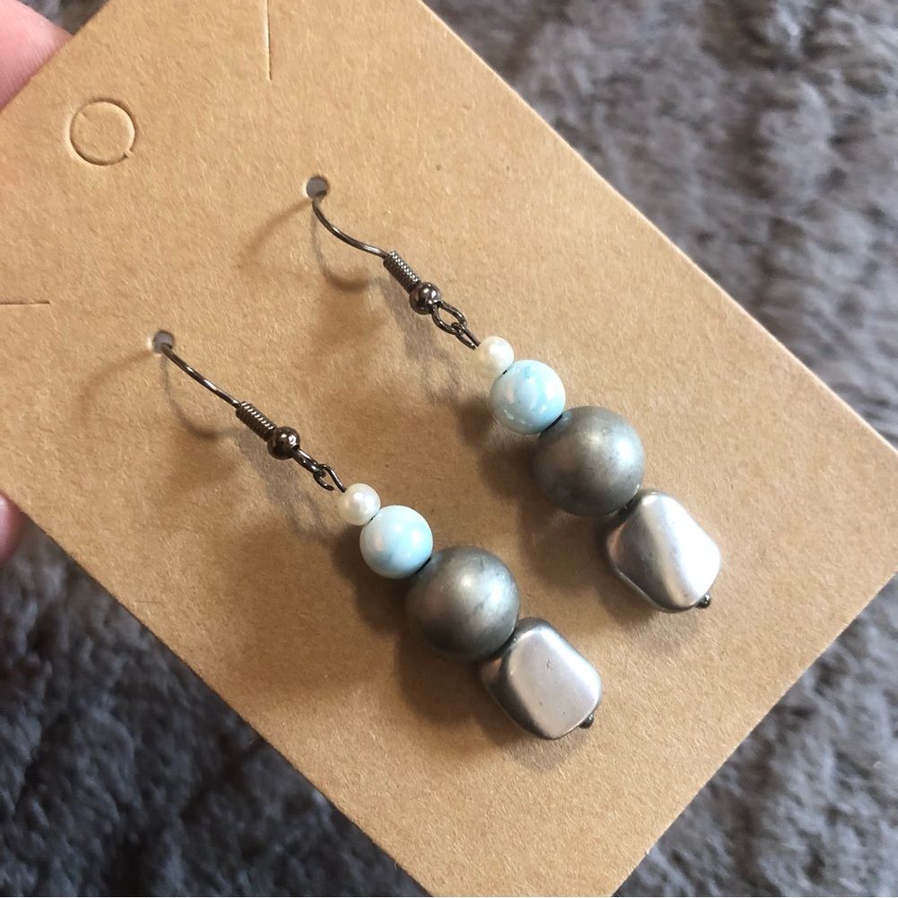 Handcrafted glass bead faux pearl dangle earrings